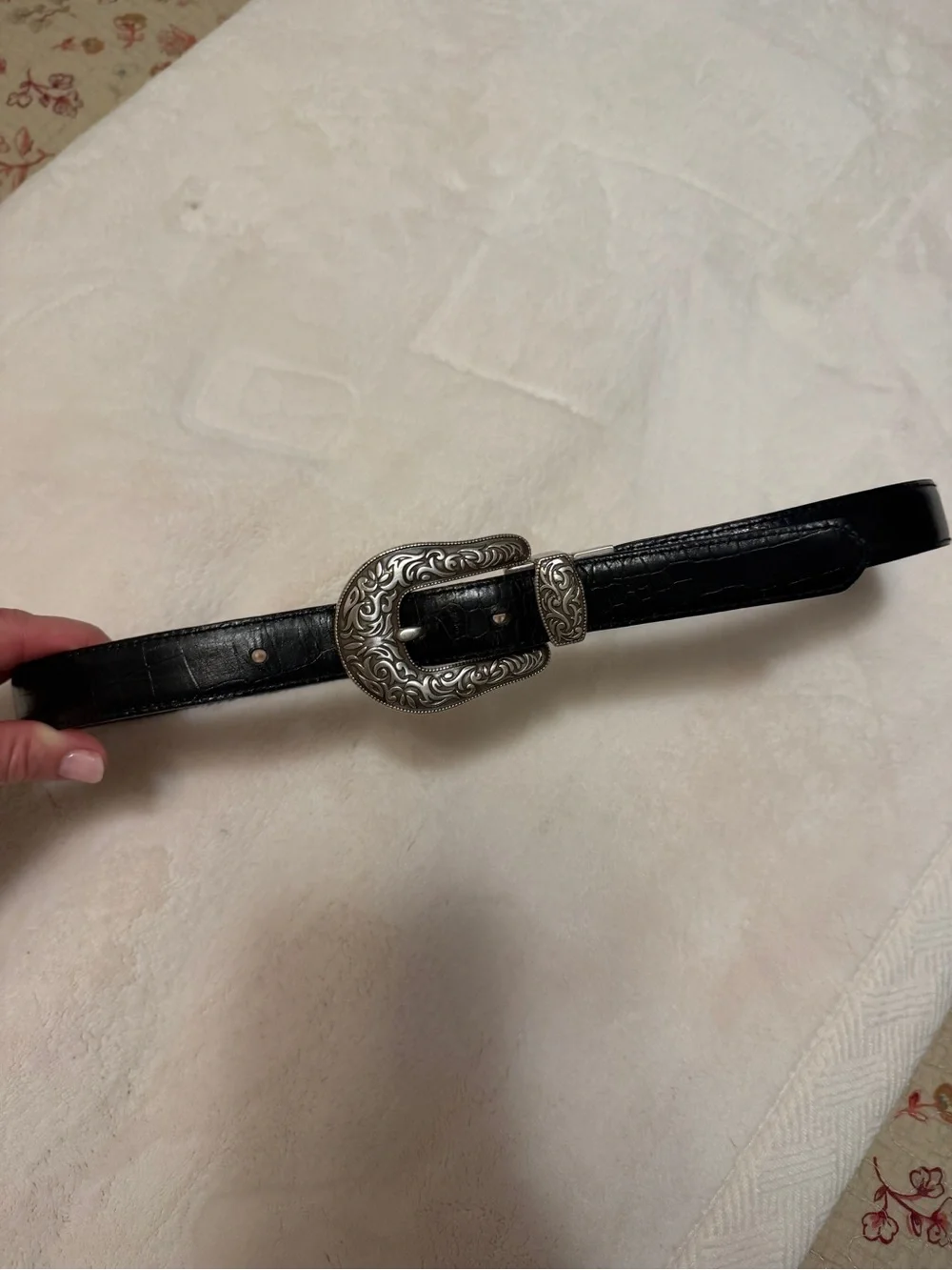 Vintage Black Western Reversible Leather Belt with Ornate Silver Buckle